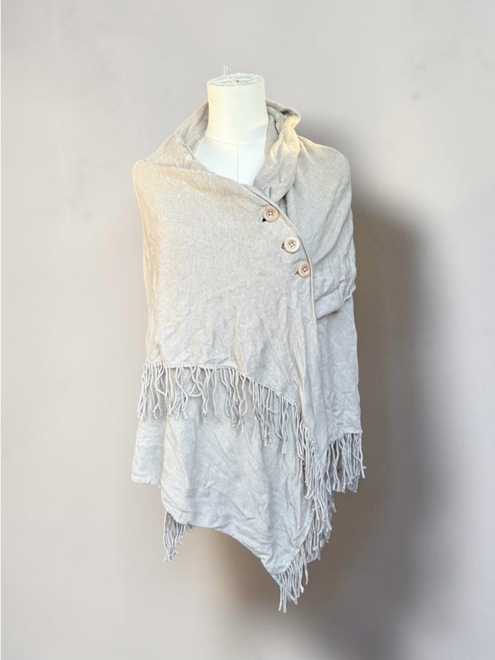Light Gray Button-Front Fringe Wrap Sweater